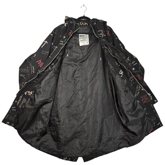 America Jacket Mens Large Black Hooded Parka Full Zip All Over Print Graphic - Picture 3 of 7